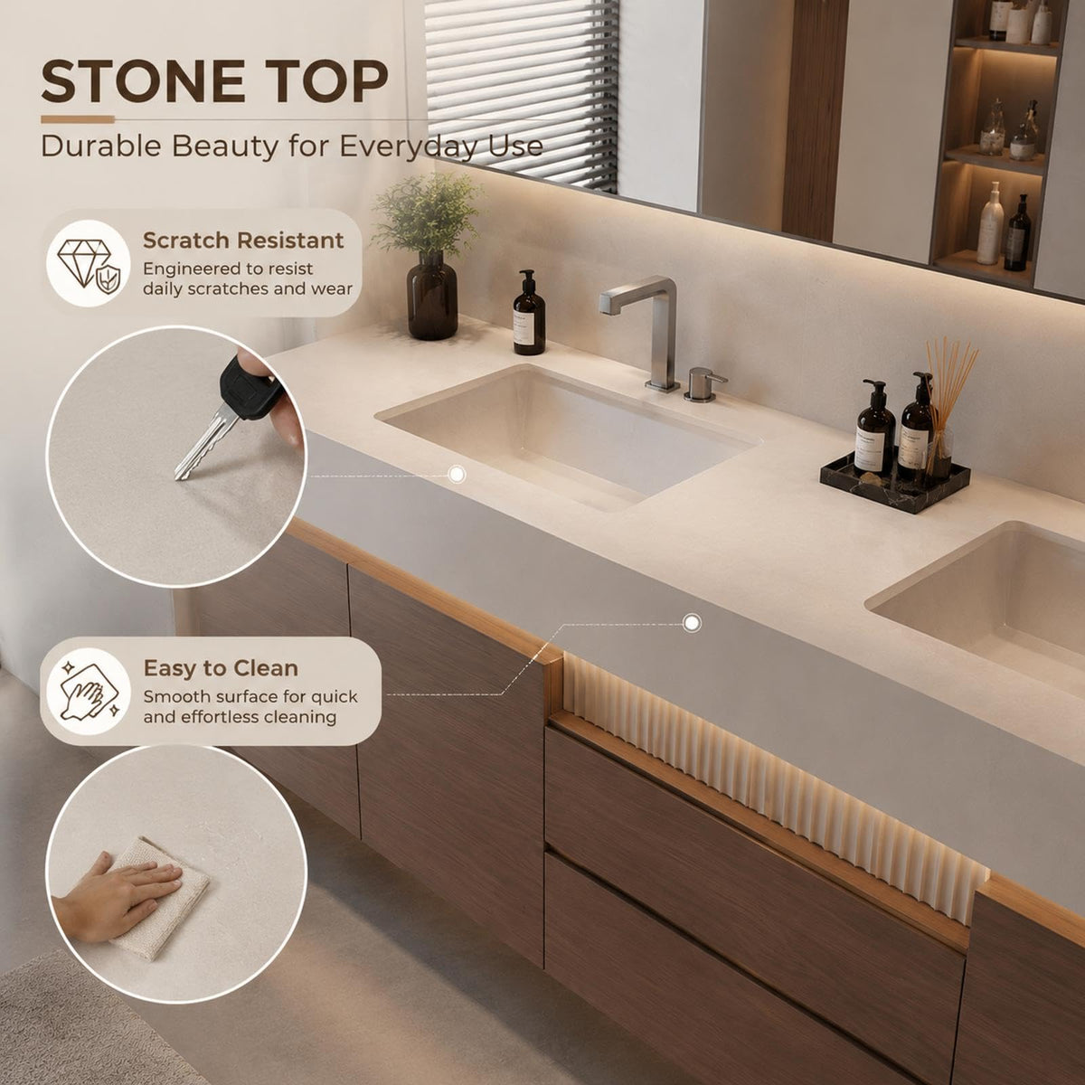 KOCFUA Floating Double Bathroom Vanity with Integrated Sinks & LED Mirror