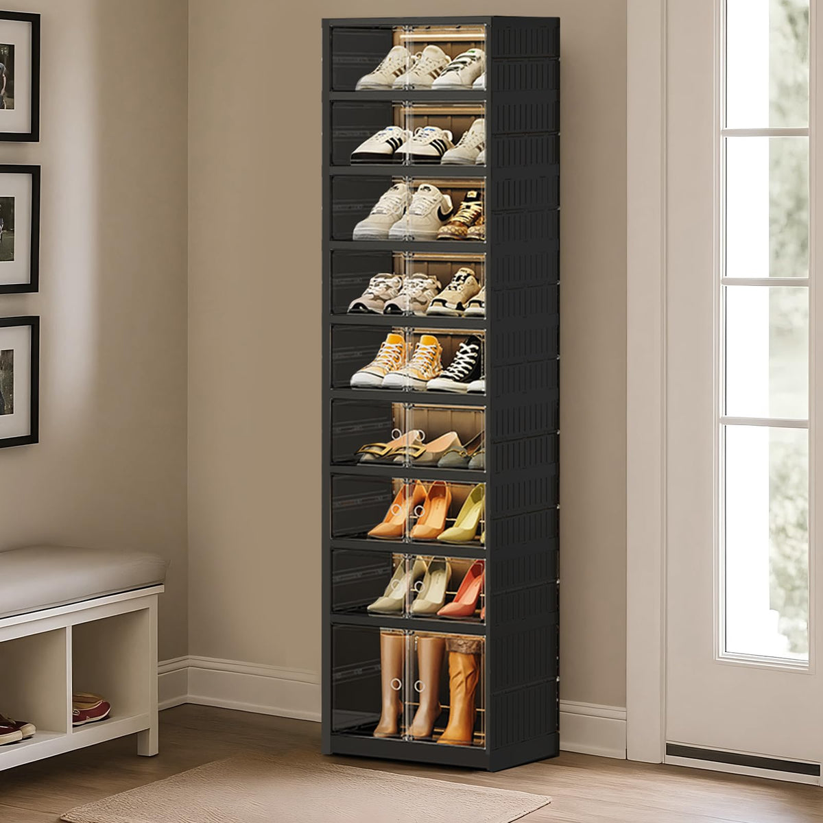 SYNCVIBE Shoe Rack Organizer for Closet Entryway Foldable Sneaker Storage Shoe, Collapsible Shoe Cabinet, Stackable Shoe Storage Cabinet with Lids for Living Room