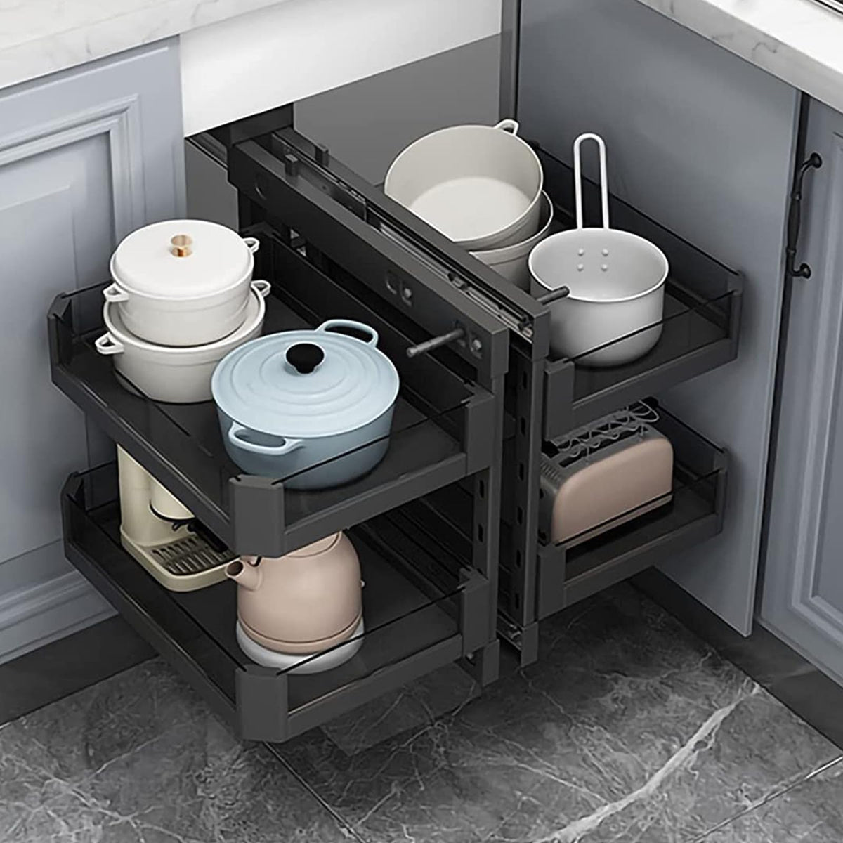 MIIKHI Blind Corner Cabinet Pull Out Organizer, Kitchen Cabinet Organizer Shelf Corner Aluminum Swivel Storage Rack Shelf, 4 Aluminum Basket Corner Optimizer Full Pull Out,A (C)