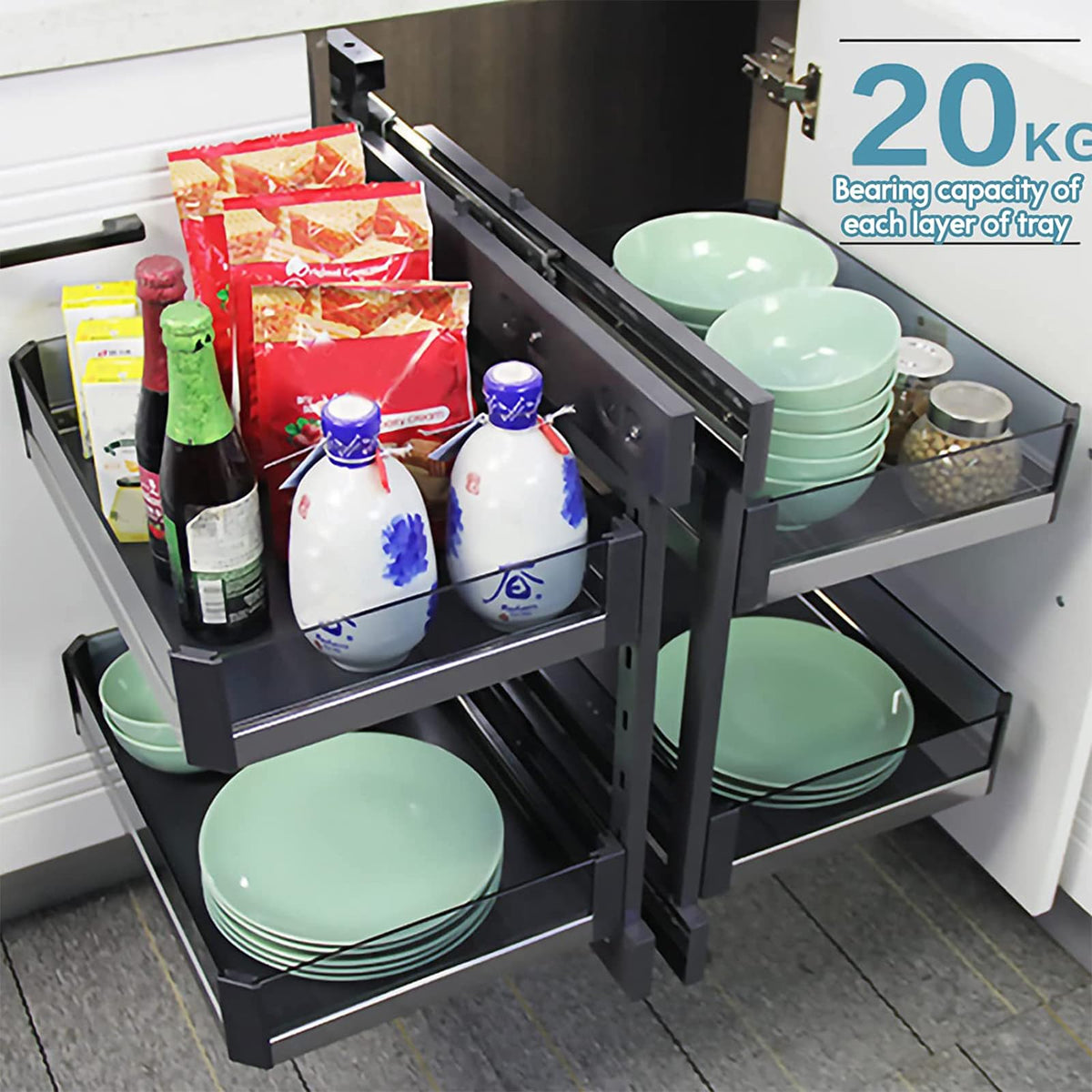 MIIKHI Blind Corner Cabinet Pull Out Organizer, Kitchen Cabinet Organizer Shelf Corner Aluminum Swivel Storage Rack Shelf, 4 Aluminum Basket Corner Optimizer Full Pull Out,A (C)