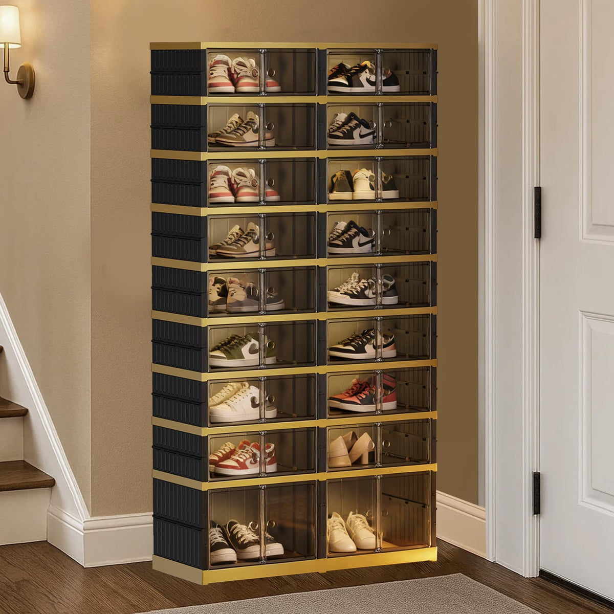 SYNCVIBE Shoe Rack Organizer for Closet Entryway Foldable Sneaker Storage Shoe, Collapsible Shoe Cabinet, Stackable Shoe Storage Cabinet with Lids for Living Room