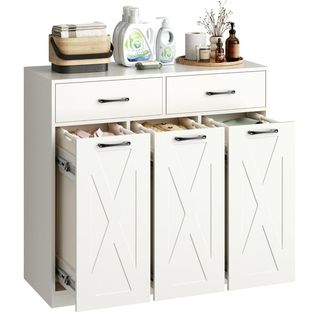 Herture Laundry Hamper Cabinet, Laundry Basket 3 Section with Storage Drawers, Laundry Sorter with Pull-Out Removable Large Bags for Laundry Room Bathroom