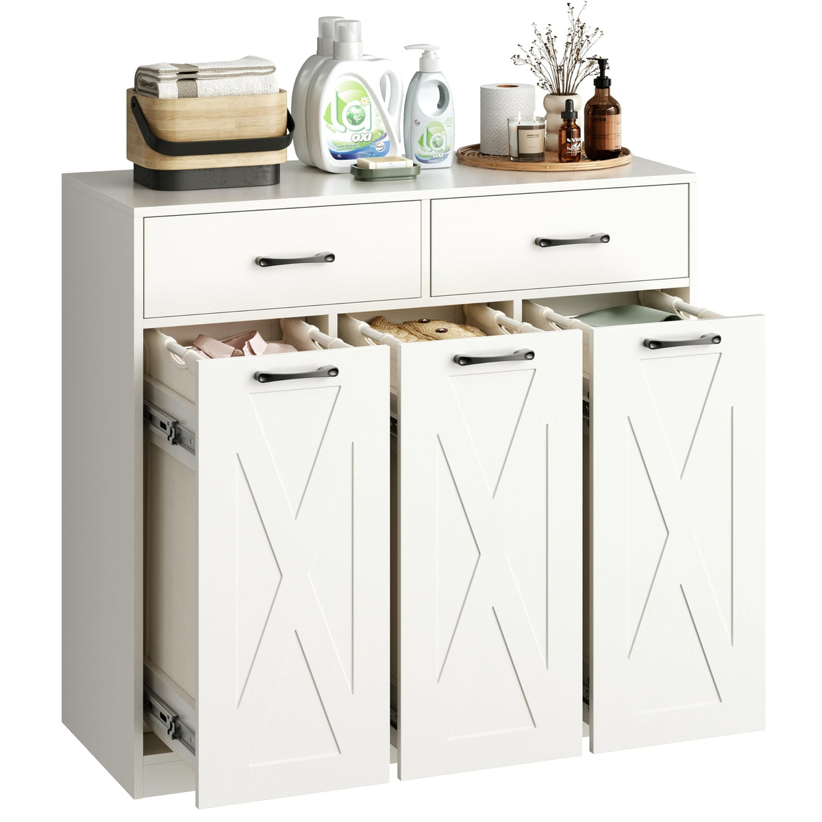 Herture Laundry Hamper Cabinet, Laundry Basket 3 Section with Storage Drawers, Laundry Sorter with Pull-Out Removable Large Bags for Laundry Room Bathroom