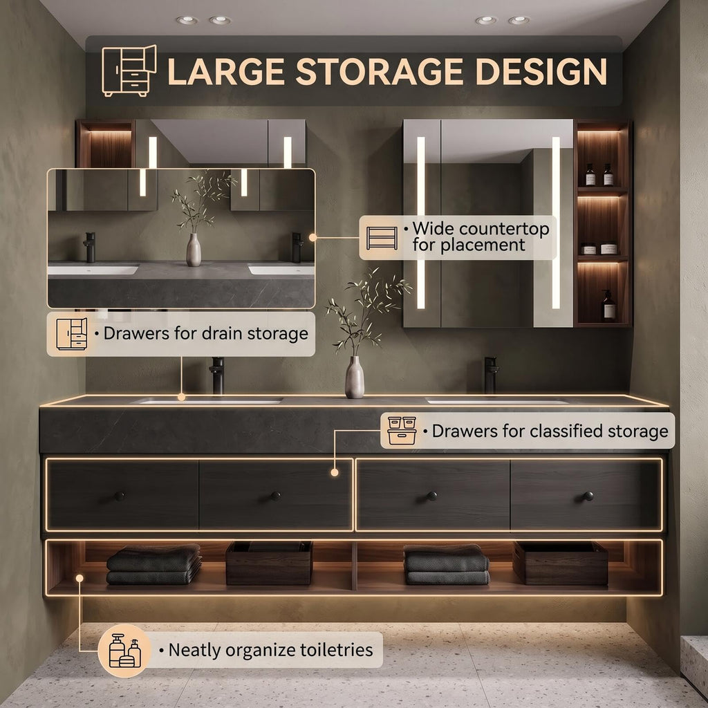 HAPPYZONE Floating Double Sink Bathroom Vanity with Storage Drawers