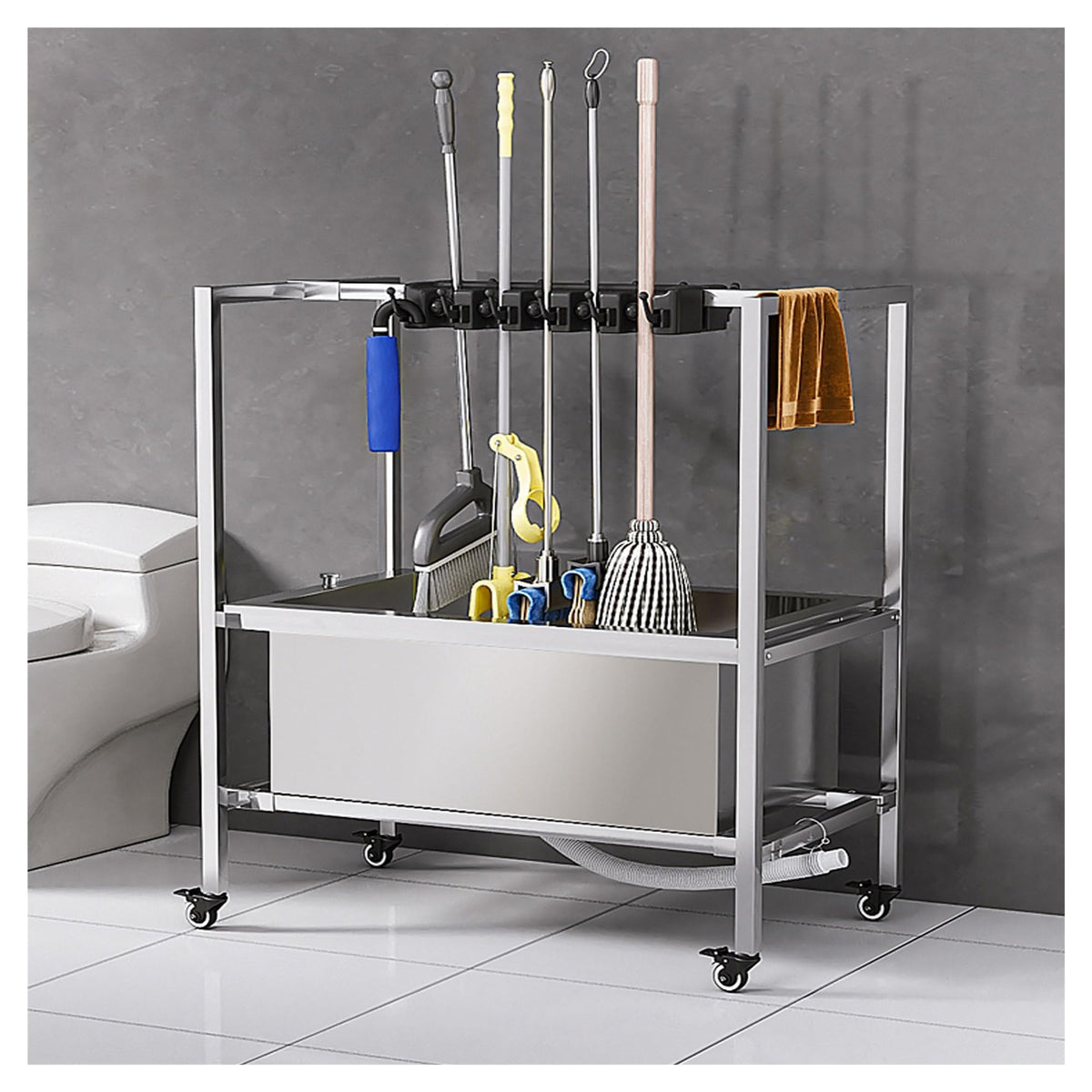 Mobile Broom & Mop Storage Cart with 20 Slots and 24 Hooks