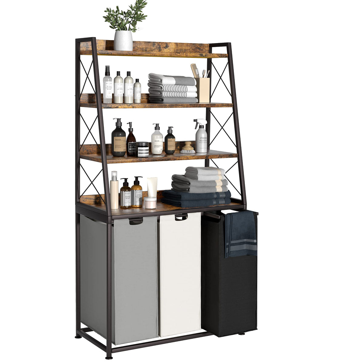 Herture 3 Section Laundry Hamper, 4 Tier Shelf, Pull-Out & Removable Bags, Large 3 x 15.87 Gallons, for Room