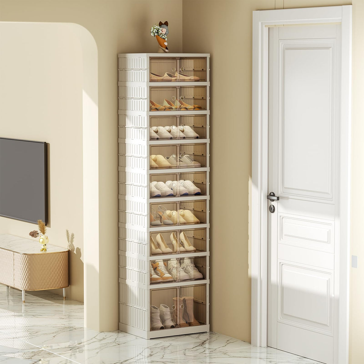 SYNCVIBE Shoe Rack Organizer for Closet Entryway Foldable Sneaker Storage Shoe, Collapsible Shoe Cabinet, Stackable Shoe Storage Cabinet with Lids for Living Room
