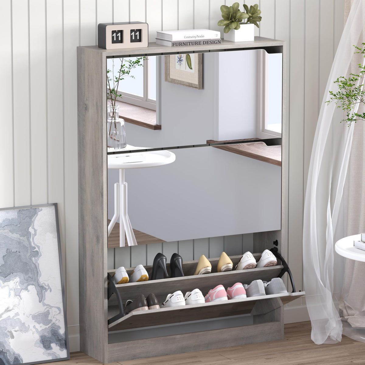 BORNOON Shoe Cabinet, Slim Narrow Shoe Storage Cabinet, Freestanding Shoe Organizer with Adjustable & Removable Shelves, Top Display Shelf for Entryway, Hallway, Foyer, Closet