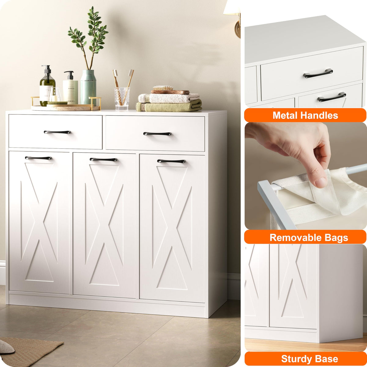 Herture Laundry Hamper Cabinet, Laundry Basket 3 Section with Storage Drawers, Laundry Sorter with Pull-Out Removable Large Bags for Laundry Room Bathroom