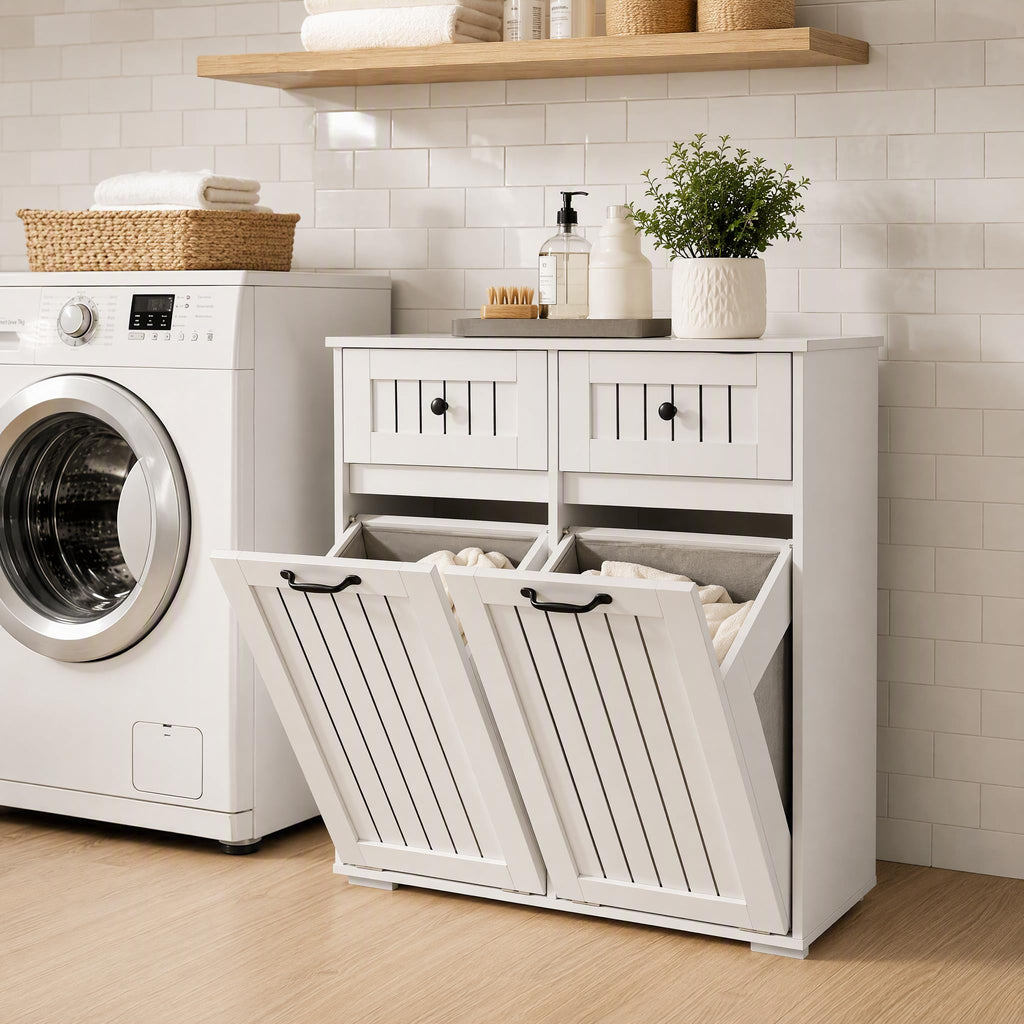 Double Tilt Out Laundry Hamper Cabinet with Drawers & 2 Removable Liners