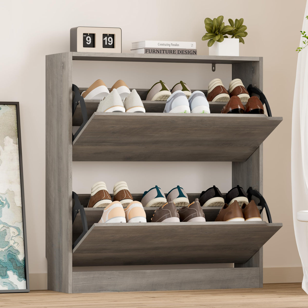 BORNOON Shoe Cabinet, Slim Narrow Shoe Storage Cabinet, Freestanding Shoe Organizer with Adjustable & Removable Shelves, Top Display Shelf for Entryway, Hallway, Foyer, Closet