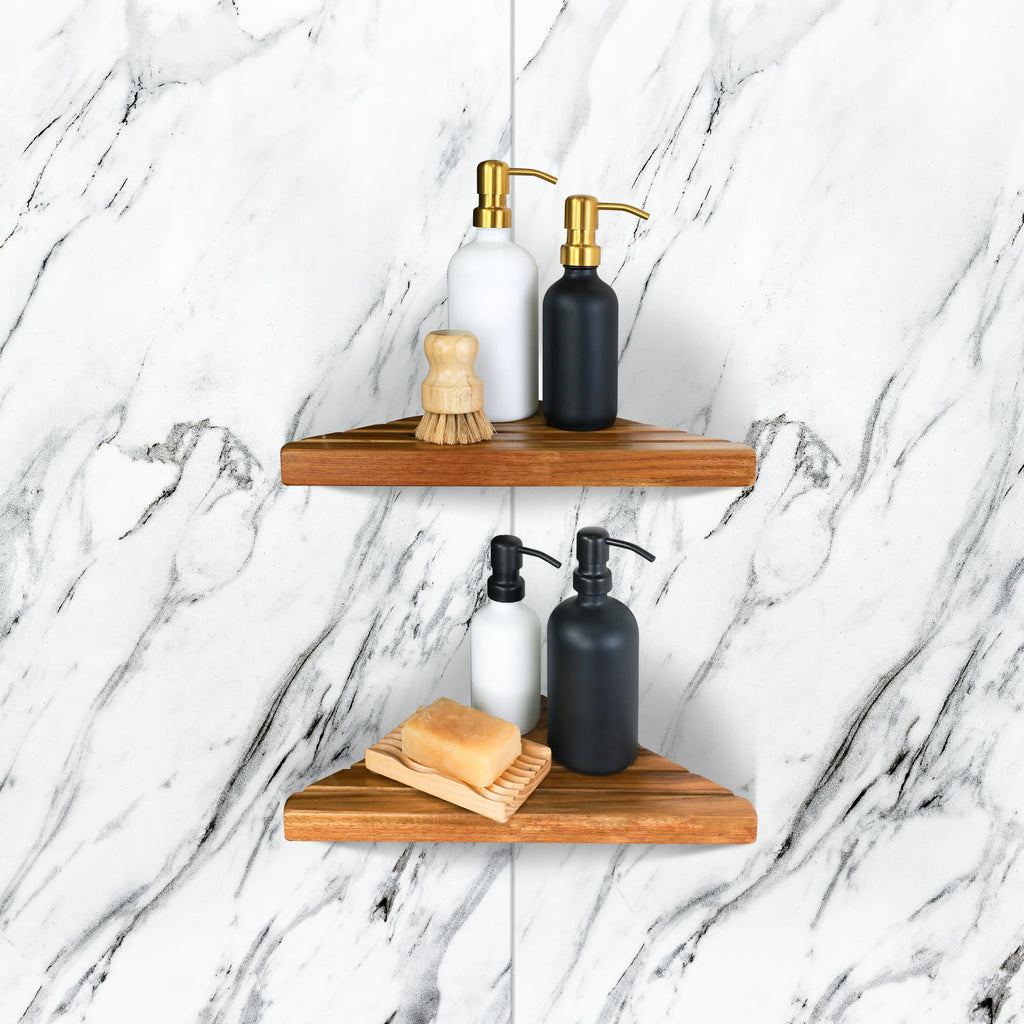 ENKEZI Acacia 2,3 Tiers Corner Shower Shelf, Triangular Corner Shelf Wooden Bathroom Shelf for Tiled Wall, Shower Corner Shelf, No Drilling Requied