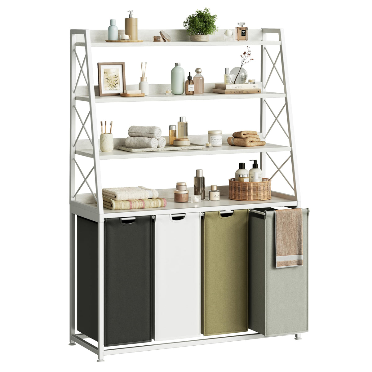 Herture 3 Section Laundry Hamper, 4 Tier Shelf, Pull-Out & Removable Bags, Large 3 x 15.87 Gallons, for Room