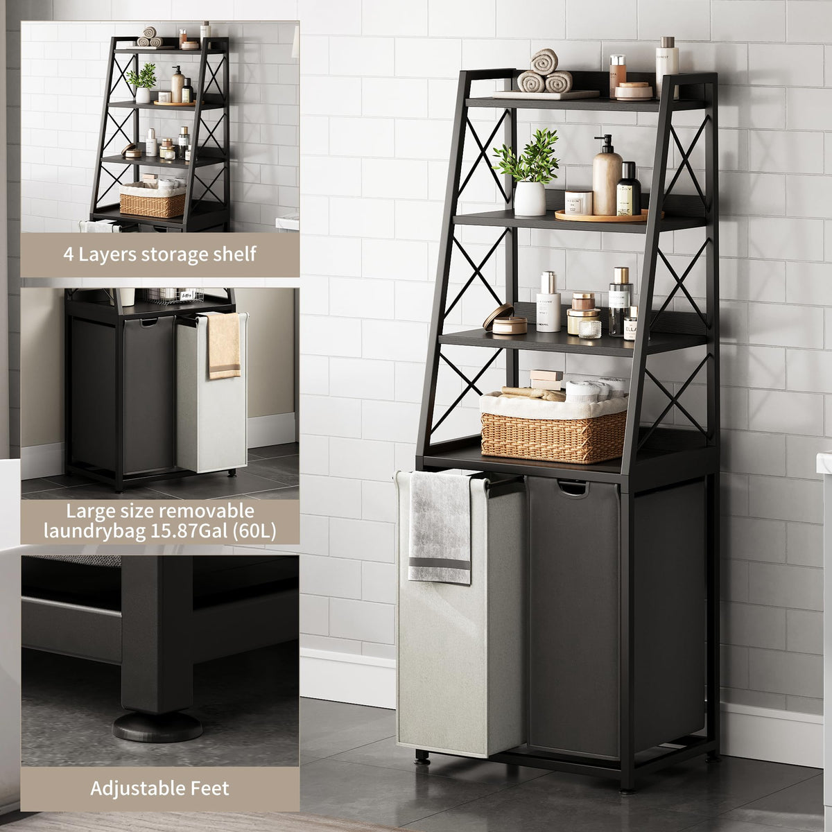 Herture 3 Section Laundry Hamper, 4 Tier Shelf, Pull-Out & Removable Bags, Large 3 x 15.87 Gallons, for Room