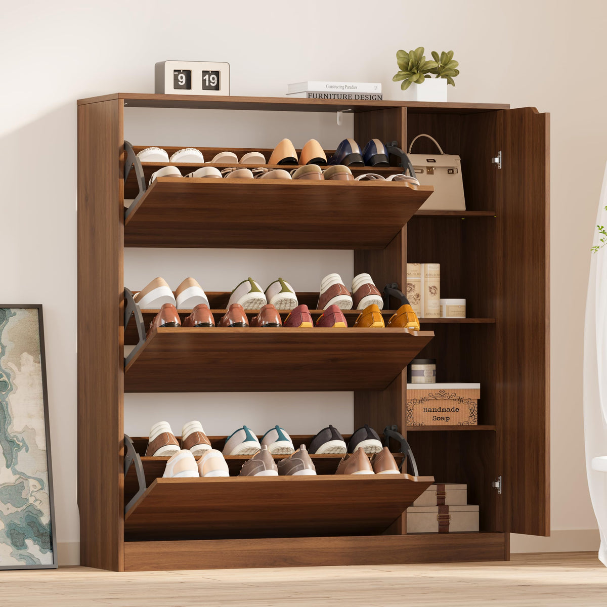 BORNOON Shoe Cabinet, Slim Narrow Shoe Storage Cabinet, Freestanding Shoe Organizer with Adjustable & Removable Shelves, Top Display Shelf for Entryway, Hallway, Foyer, Closet