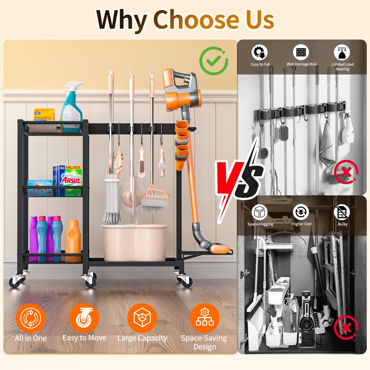 Large-Capacity Broom & Cleaning Supply Storage Organizer