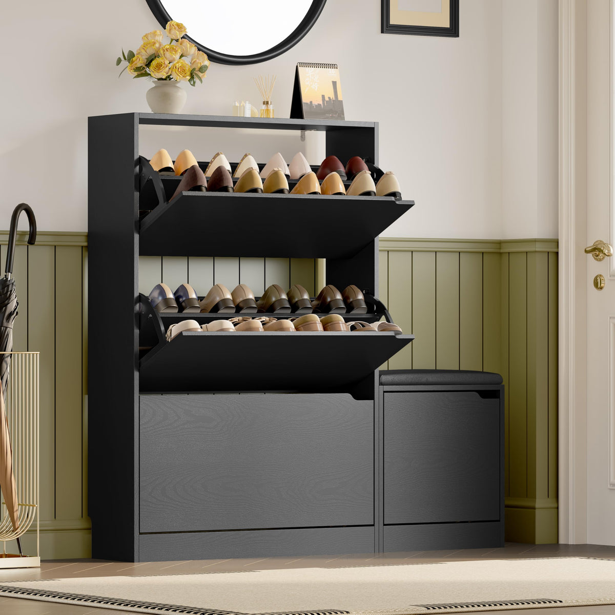 BORNOON Shoe Cabinet, Slim Narrow Shoe Storage Cabinet, Freestanding Shoe Organizer with Adjustable & Removable Shelves, Top Display Shelf for Entryway, Hallway, Foyer, Closet