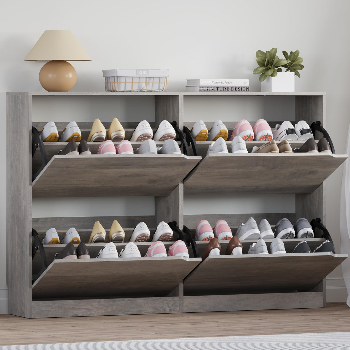 BORNOON Shoe Cabinet, Slim Narrow Shoe Storage Cabinet, Freestanding Shoe Organizer with Adjustable & Removable Shelves, Top Display Shelf for Entryway, Hallway, Foyer, Closet