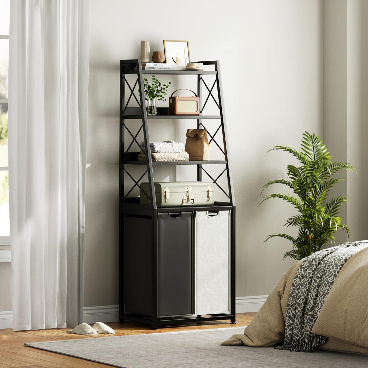 Herture 3 Section Laundry Hamper, 4 Tier Shelf, Pull-Out & Removable Bags, Large 3 x 15.87 Gallons, for Room