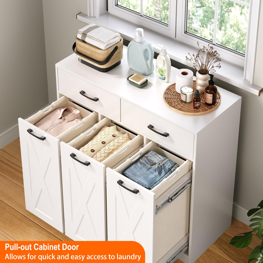 Herture Laundry Hamper Cabinet, Laundry Basket 3 Section with Storage Drawers, Laundry Sorter with Pull-Out Removable Large Bags for Laundry Room Bathroom