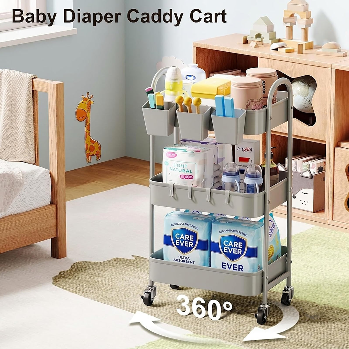 3 Tier Heavy Duty White Metal Rolling Cart with Lockable Wheels, Three Tier Roller Book Snack Cart, Utility Storage Organizer Carts for Kitchen, Bathroom, Garage, Baby Diaper, Craft, Art, Teacher
