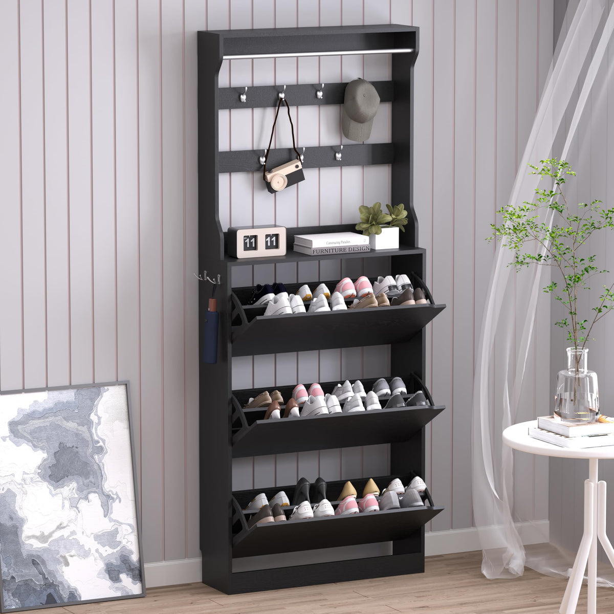 BORNOON Shoe Cabinet, Slim Narrow Shoe Storage Cabinet, Freestanding Shoe Organizer with Adjustable & Removable Shelves, Top Display Shelf for Entryway, Hallway, Foyer, Closet