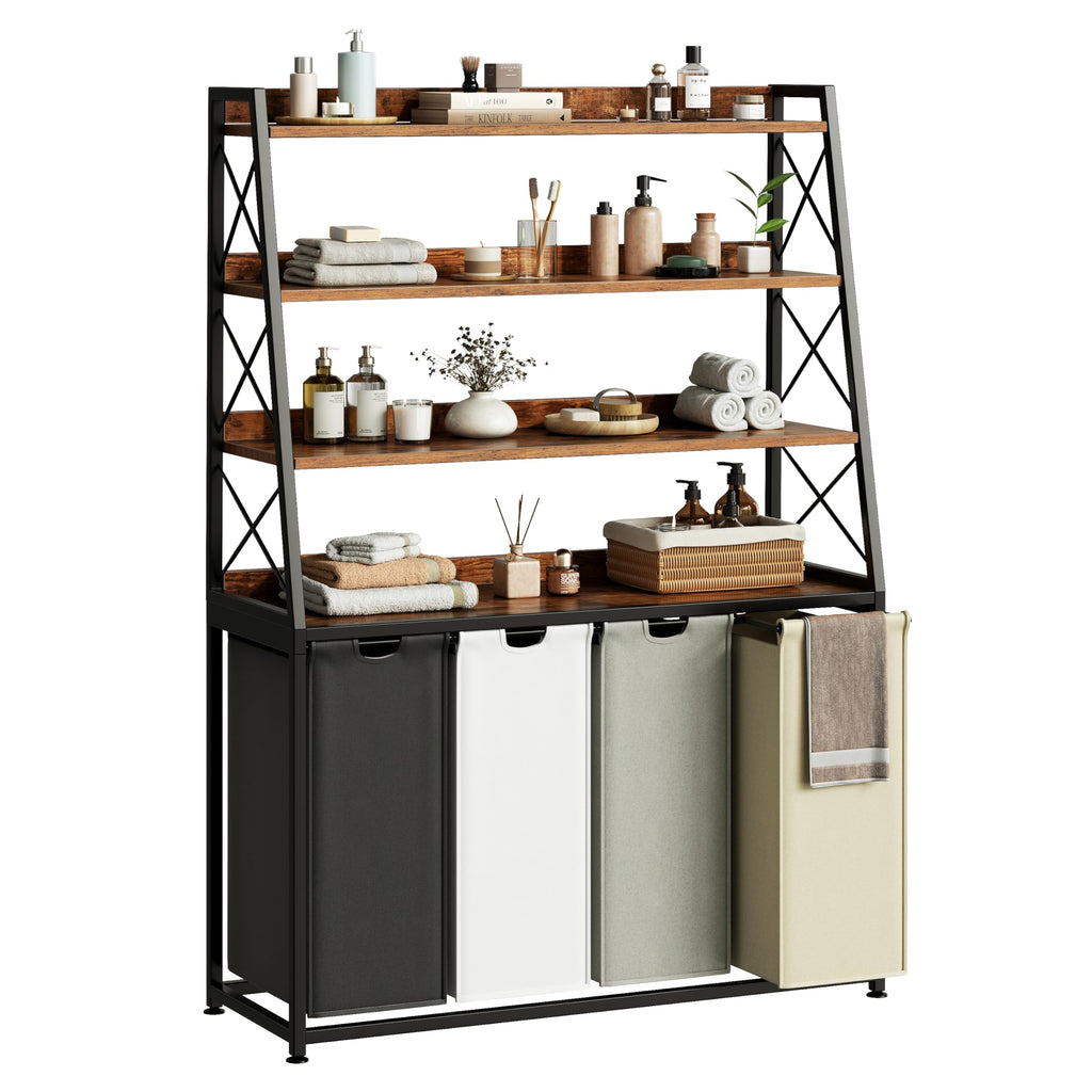 3-Section Laundry Hamper with 4-Tier Shelf & Removable Bags
