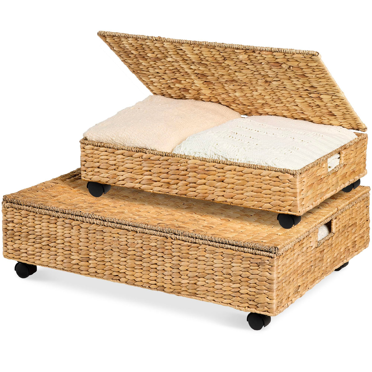 Best Choice Products 2-Pack Large Handwoven Water Hyacinth Under Bed Nesting Storage Bins W/Lid and Wheels, Closet Organizer, Storage Container, Multi-Purpose Basket