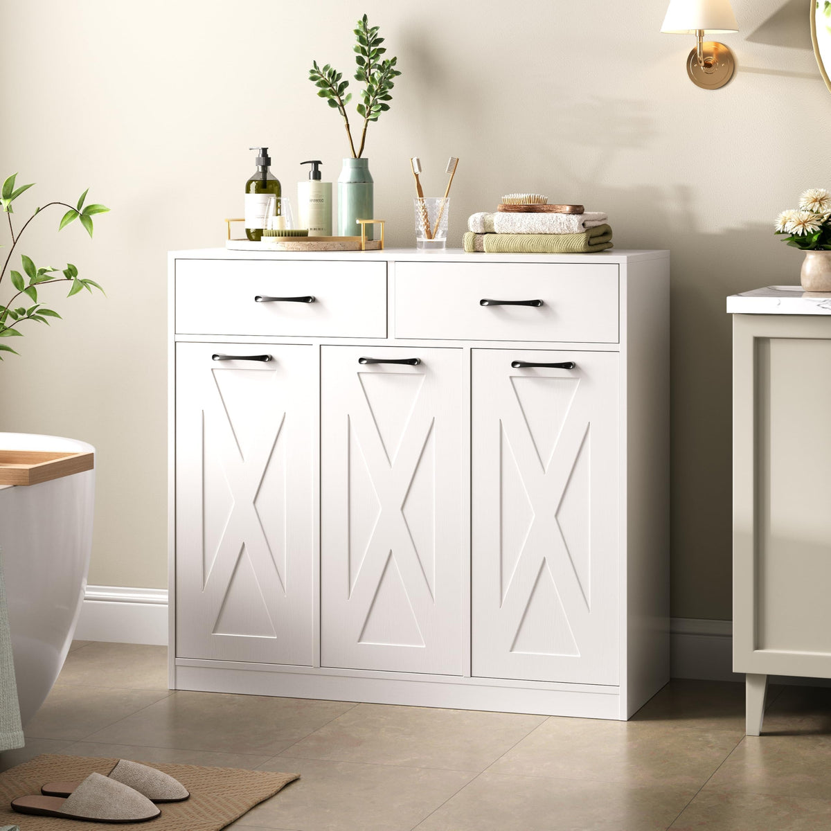Herture Laundry Hamper Cabinet, Laundry Basket 3 Section with Storage Drawers, Laundry Sorter with Pull-Out Removable Large Bags for Laundry Room Bathroom