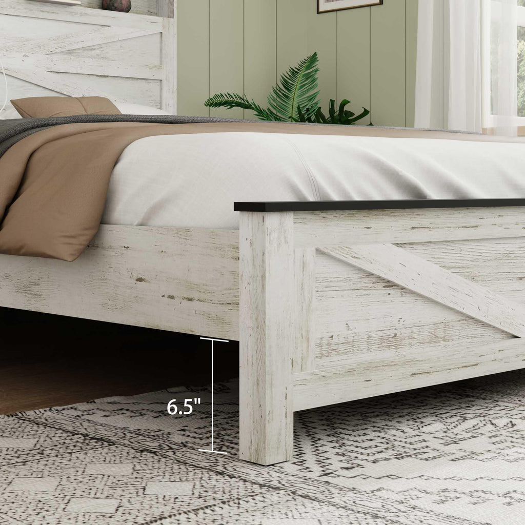 King Platform Bed Frame, Hidden Storage, Wood Headboard, Antique White/Gray