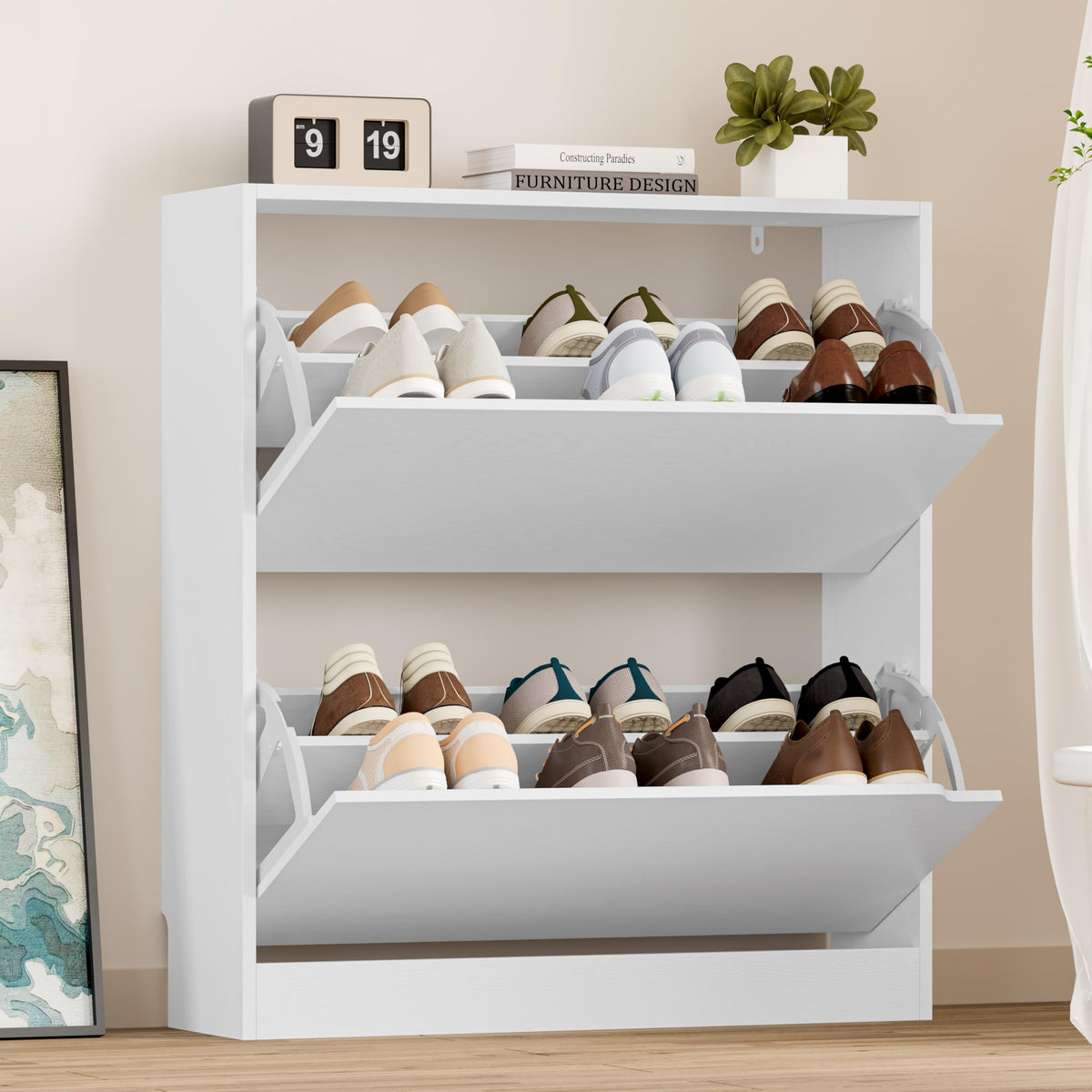 BORNOON Shoe Cabinet, Slim Narrow Shoe Storage Cabinet, Freestanding Shoe Organizer with Adjustable & Removable Shelves, Top Display Shelf for Entryway, Hallway, Foyer, Closet