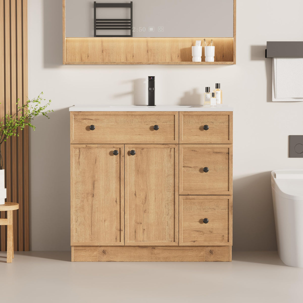LUCKWIND Farmhouse Bathroom Vanity with Sink, Rustic Modern Bathroom Cabinet with Undermount Solid Surface Sink