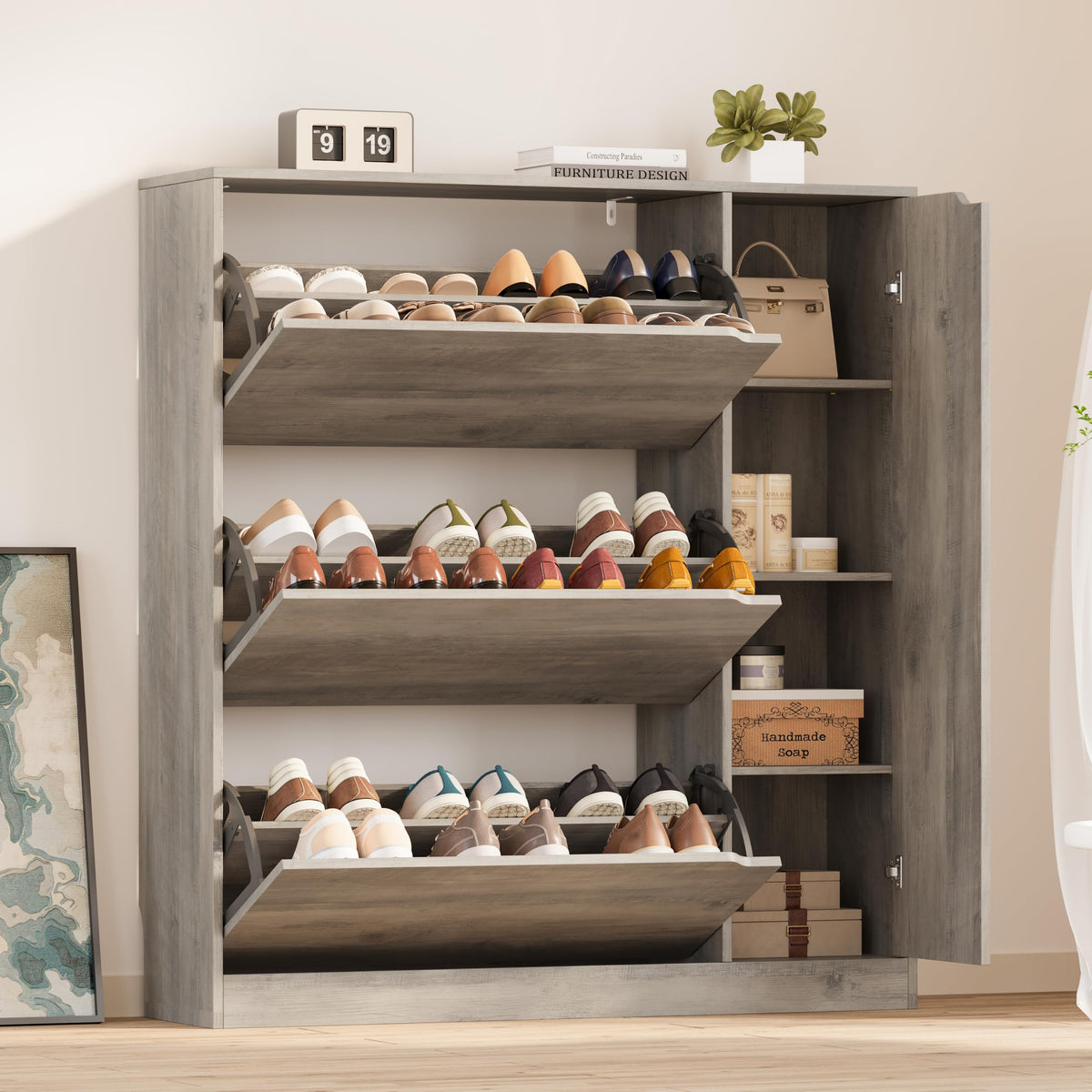 BORNOON Shoe Cabinet, Slim Narrow Shoe Storage Cabinet, Freestanding Shoe Organizer with Adjustable & Removable Shelves, Top Display Shelf for Entryway, Hallway, Foyer, Closet