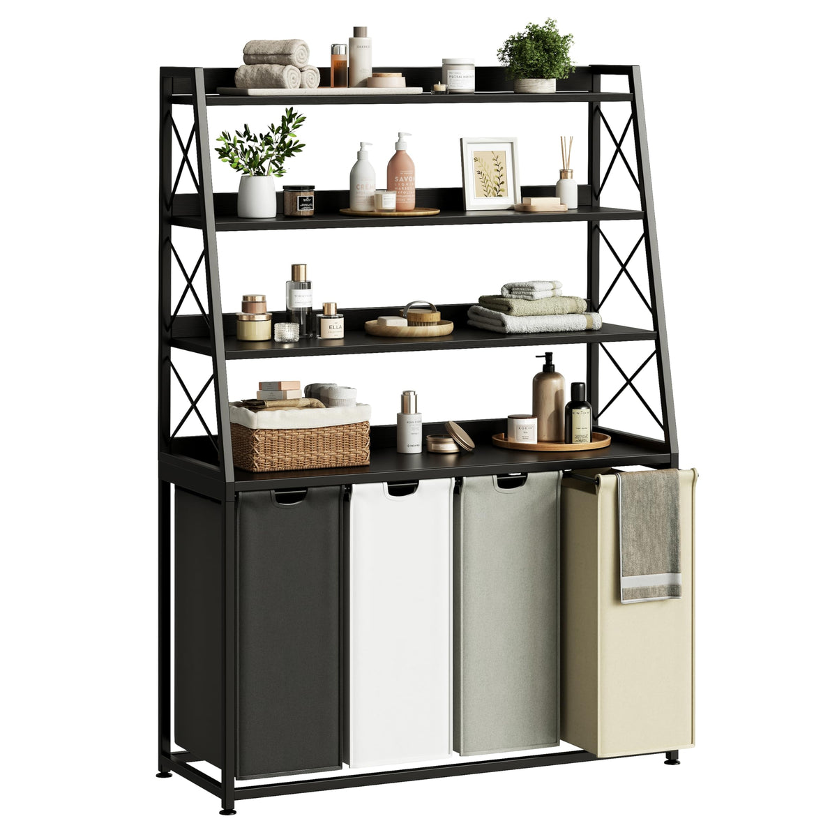 Herture 3 Section Laundry Hamper, 4 Tier Shelf, Pull-Out & Removable Bags, Large 3 x 15.87 Gallons, for Room