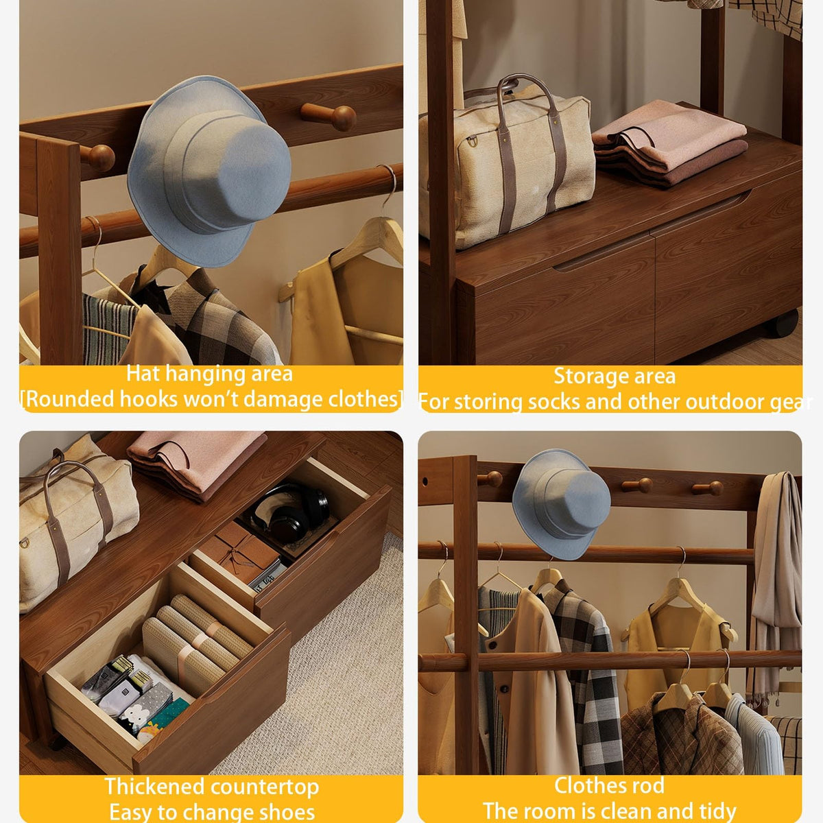 YQMHEZ Wood Garment Racks, Clothing Rack with 2 Drawers, Entryway Hall Tree with 360° Wheels, Coat Rack Floor-Standing, Coat Rack for Hanging Clothes, Bags