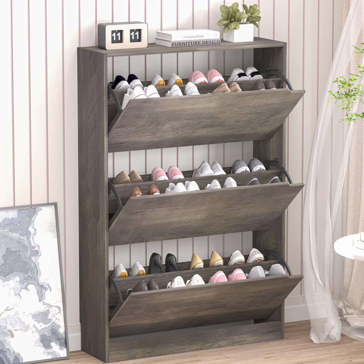 BORNOON Shoe Cabinet, Slim Narrow Shoe Storage Cabinet, Freestanding Shoe Organizer with Adjustable & Removable Shelves, Top Display Shelf for Entryway, Hallway, Foyer, Closet