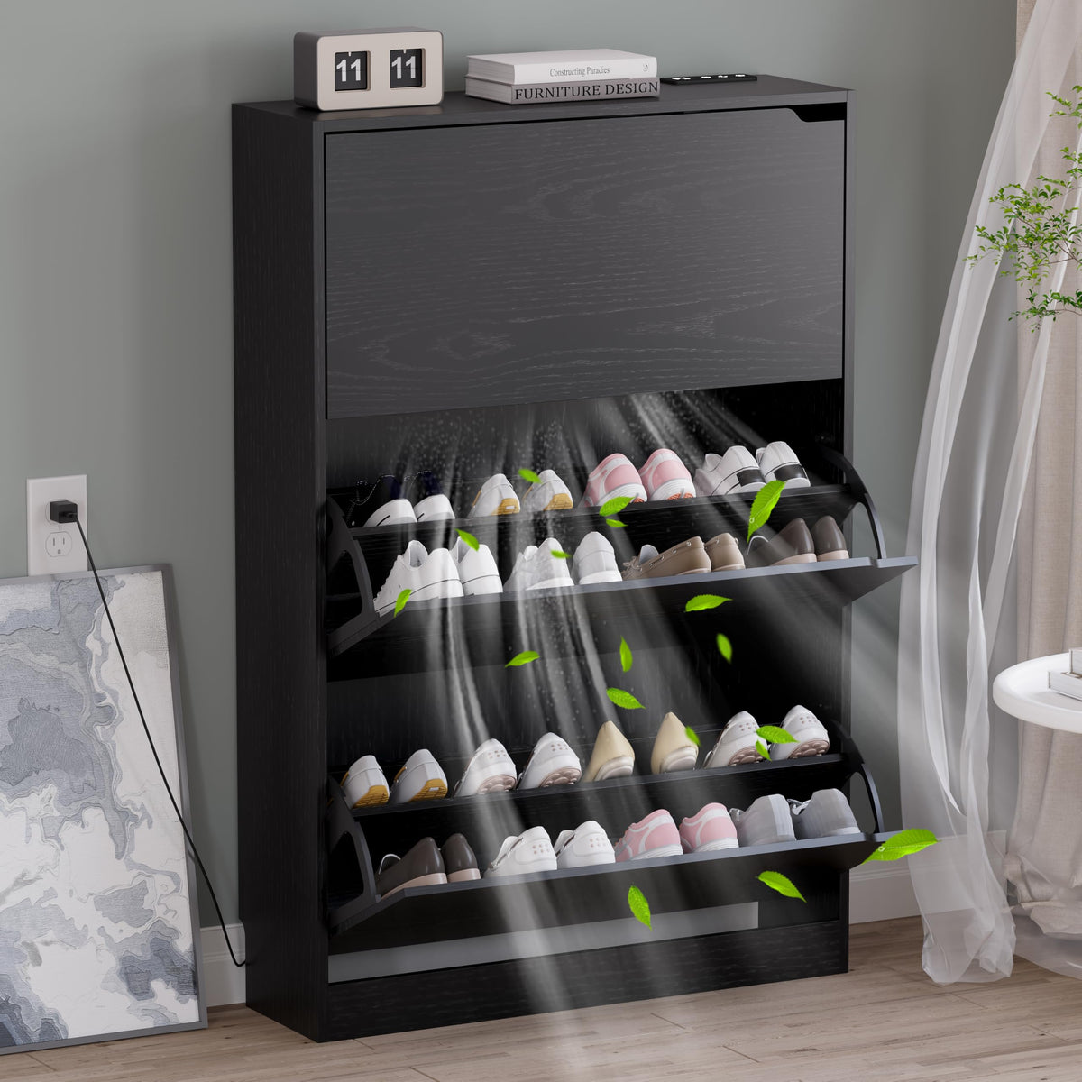 BORNOON Shoe Cabinet, Slim Narrow Shoe Storage Cabinet, Freestanding Shoe Organizer with Adjustable & Removable Shelves, Top Display Shelf for Entryway, Hallway, Foyer, Closet