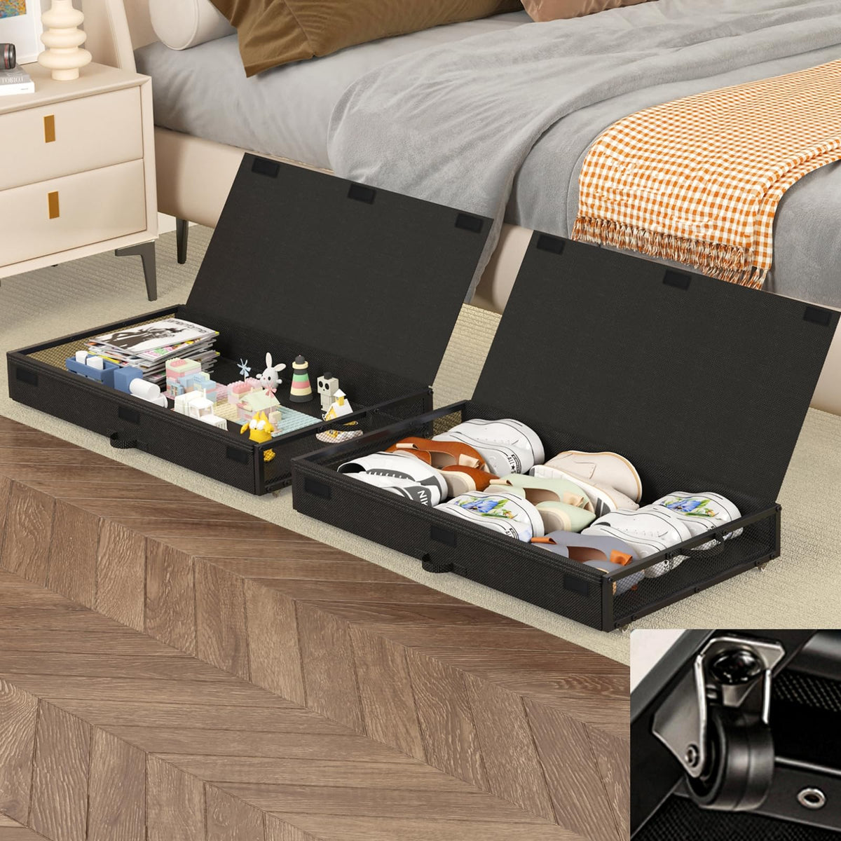 Fokyfok 2 Pack Under the Bed Storage Containers,31 inch Long Underbed Storage with Wheels,12 inch Height Under Bed Shoe Storage,Large Rolling under bed Clothes Storage Drawers with Lid for Dorm,Parent