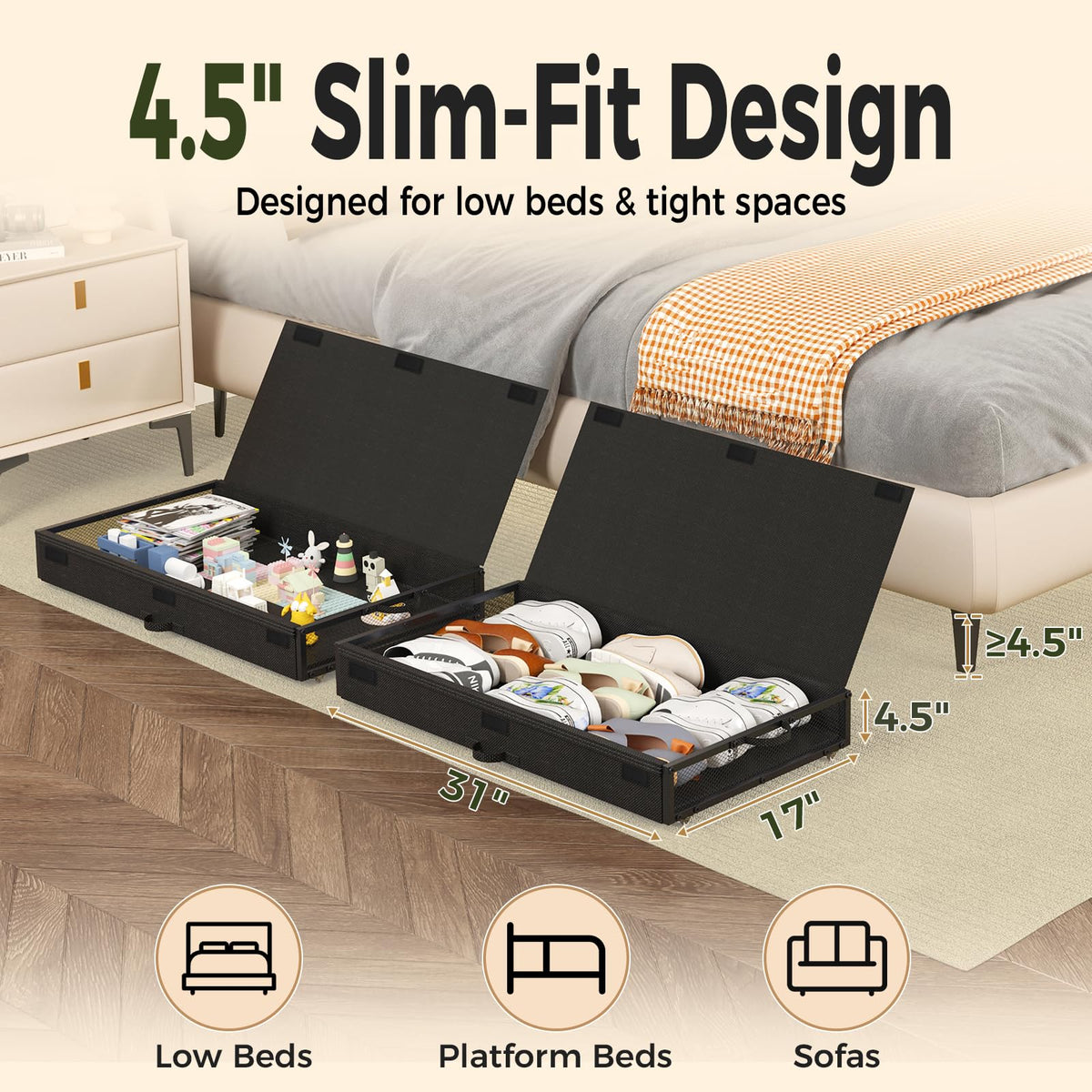 Fokyfok 2 Pack Under the Bed Storage Containers,31 inch Long Underbed Storage with Wheels,12 inch Height Under Bed Shoe Storage,Large Rolling under bed Clothes Storage Drawers with Lid for Dorm,Parent