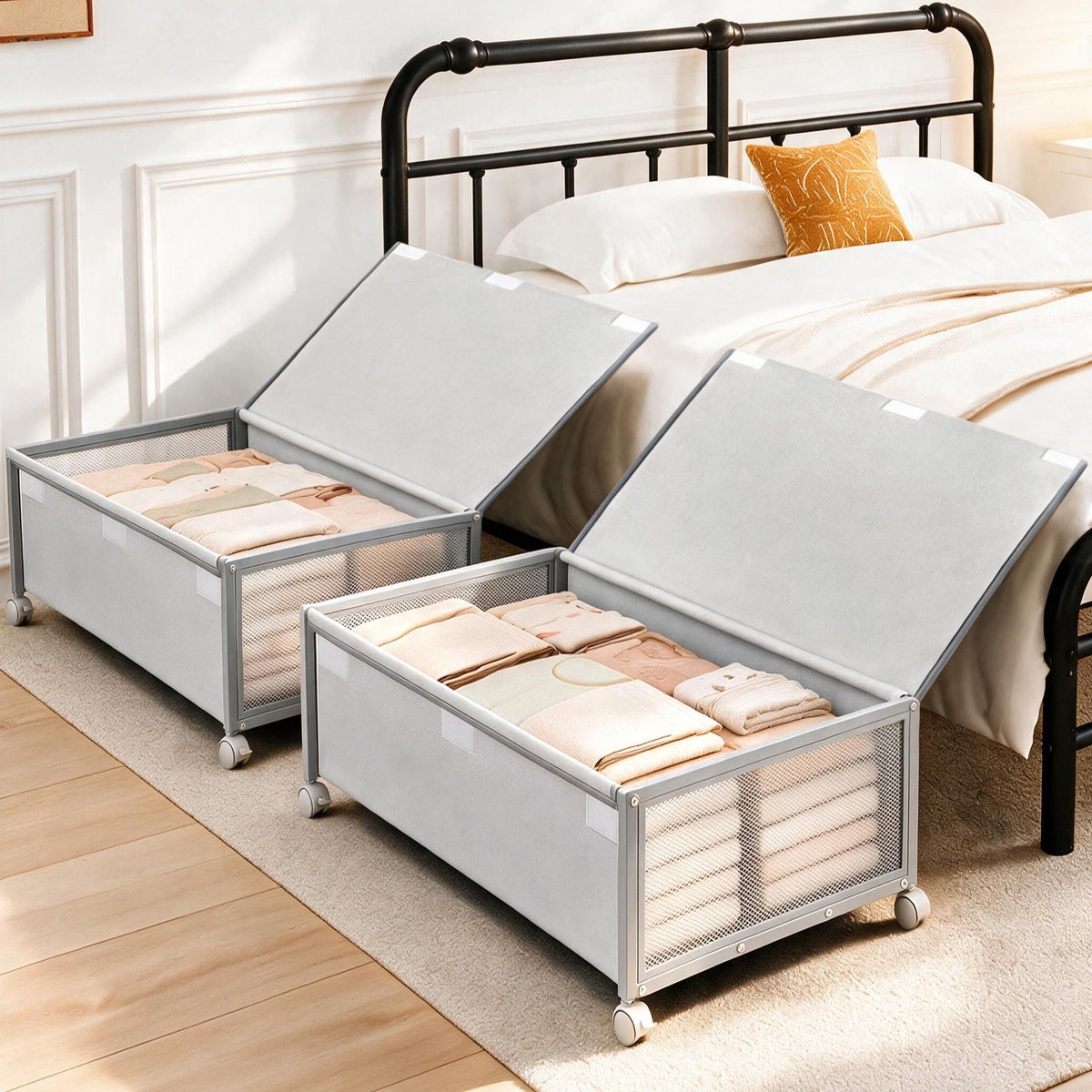 Fokyfok 2 Pack Under the Bed Storage Containers,31 inch Long Underbed Storage with Wheels,12 inch Height Under Bed Shoe Storage,Large Rolling under bed Clothes Storage Drawers with Lid for Dorm,Parent