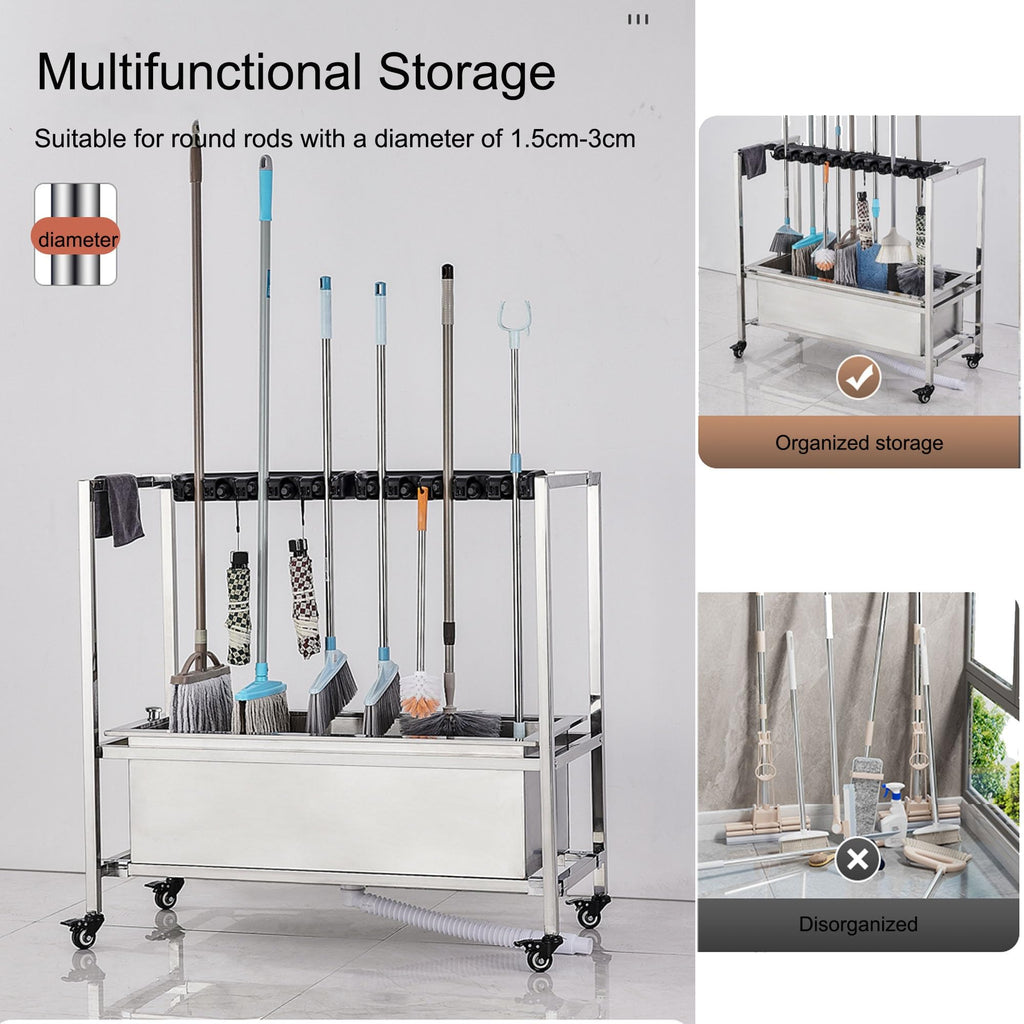 Mobile Broom & Mop Storage Cart with 20 Slots and 24 Hooks