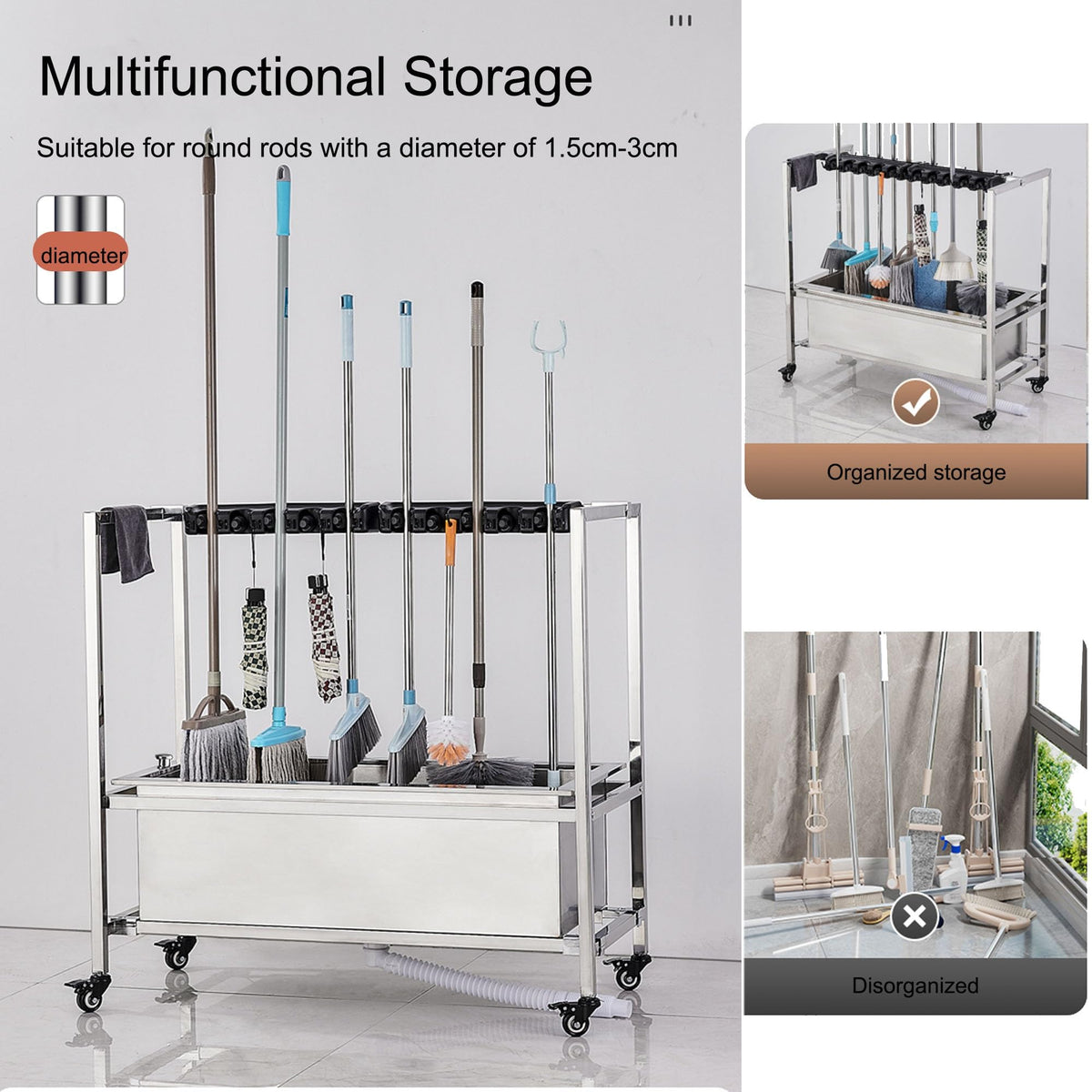 Mobile Broom & Mop Storage Cart with 20 Slots and 24 Hooks
