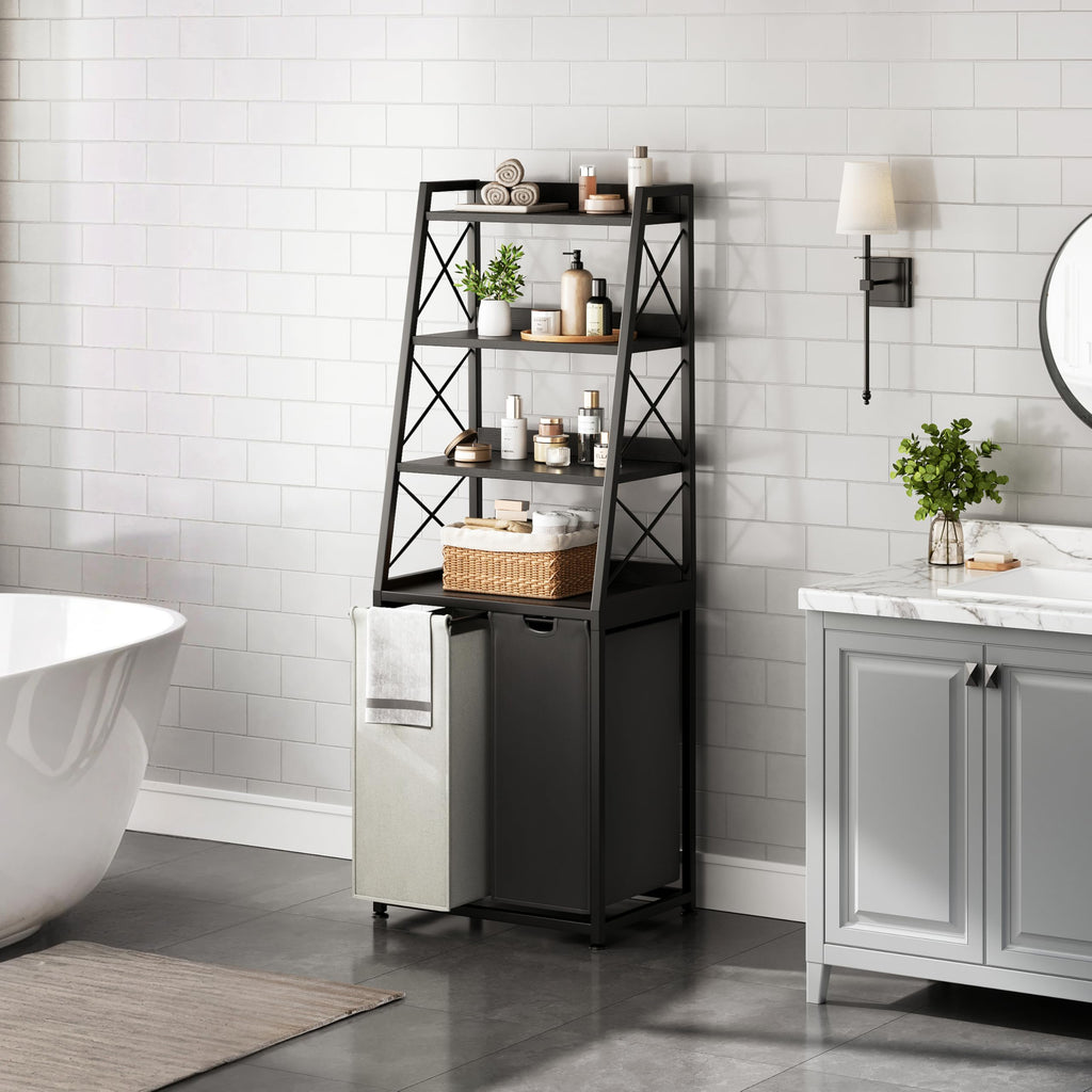 3-Section Laundry Hamper with 4-Tier Shelf & Removable Bags