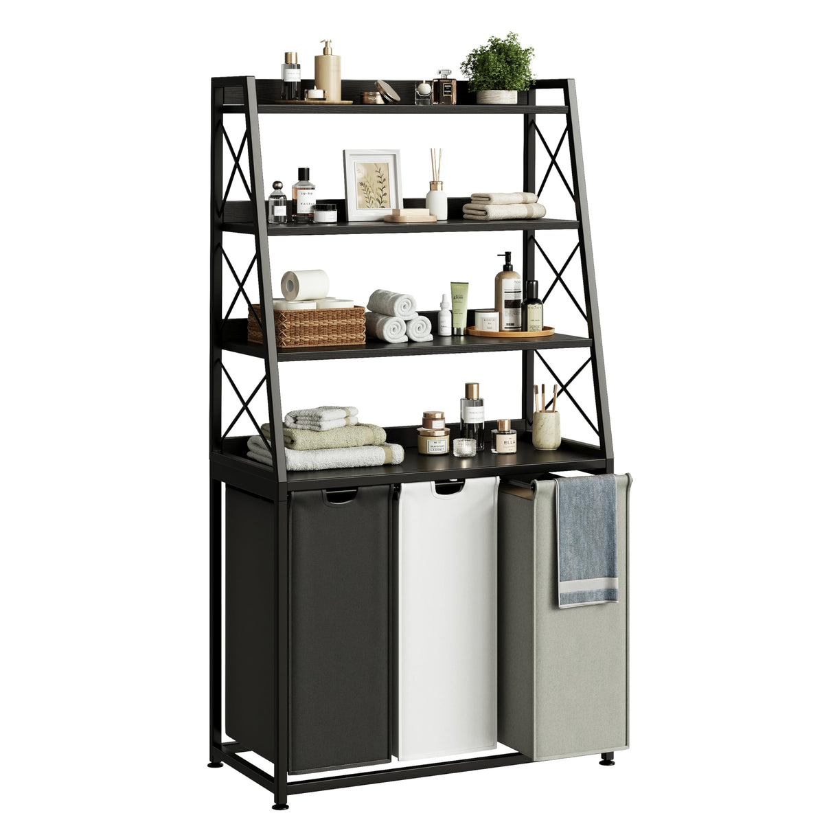 Herture 3 Section Laundry Hamper, 4 Tier Shelf, Pull-Out & Removable Bags, Large 3 x 15.87 Gallons, for Room