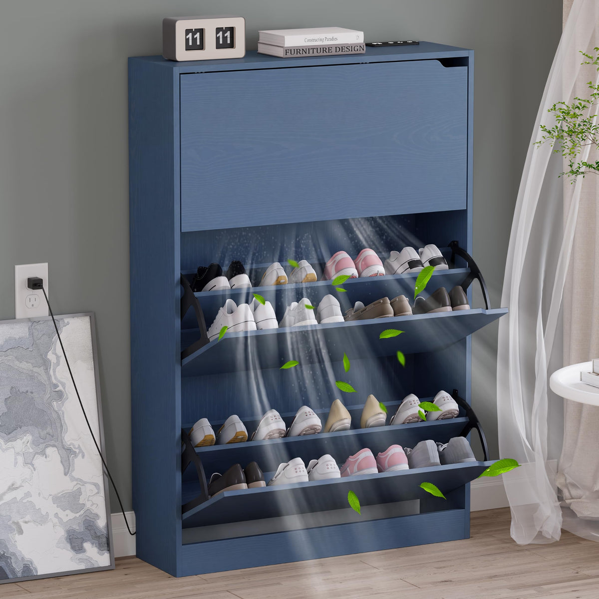 BORNOON Shoe Cabinet, Slim Narrow Shoe Storage Cabinet, Freestanding Shoe Organizer with Adjustable & Removable Shelves, Top Display Shelf for Entryway, Hallway, Foyer, Closet