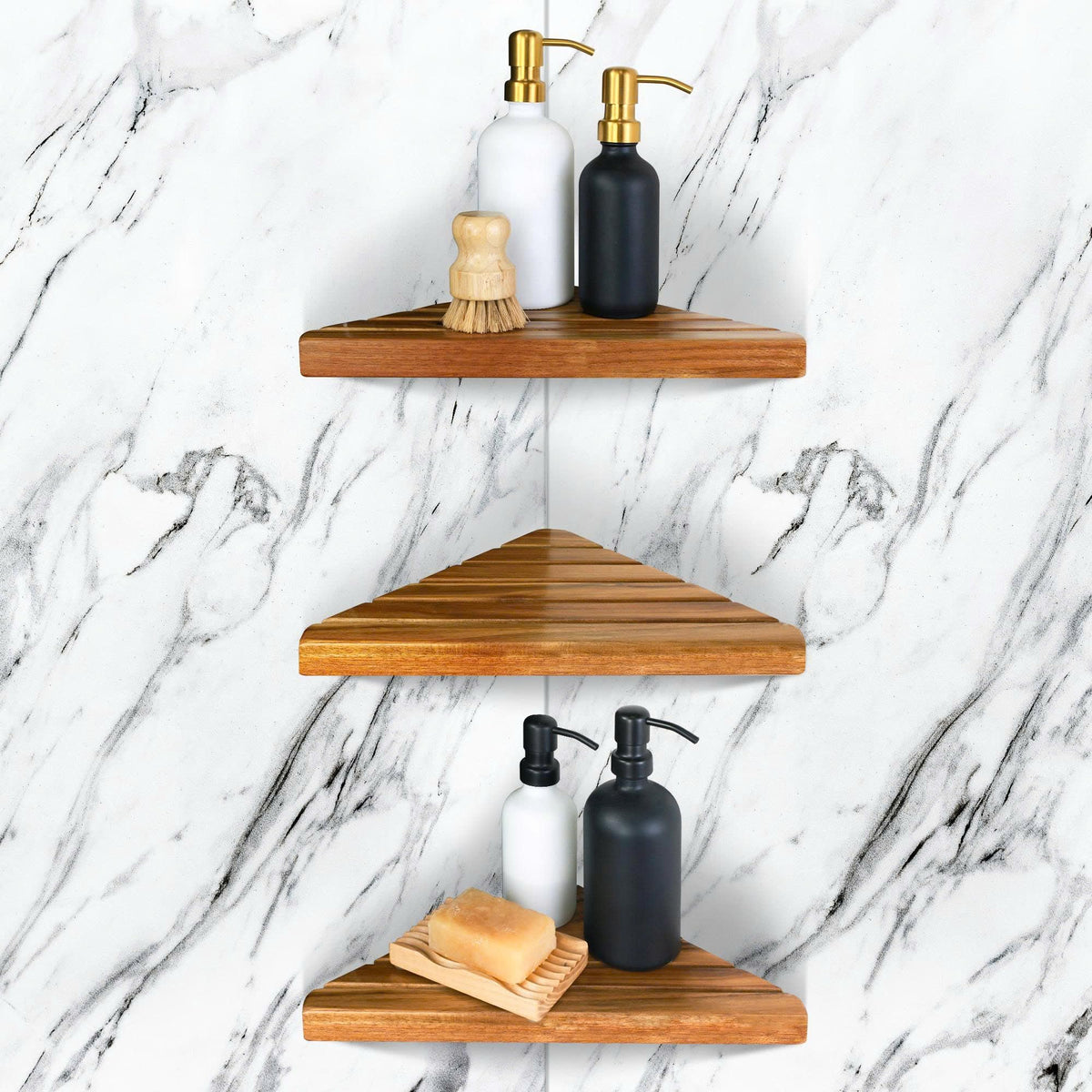 ENKEZI Acacia 2,3 Tiers Corner Shower Shelf, Triangular Corner Shelf Wooden Bathroom Shelf for Tiled Wall, Shower Corner Shelf, No Drilling Requied