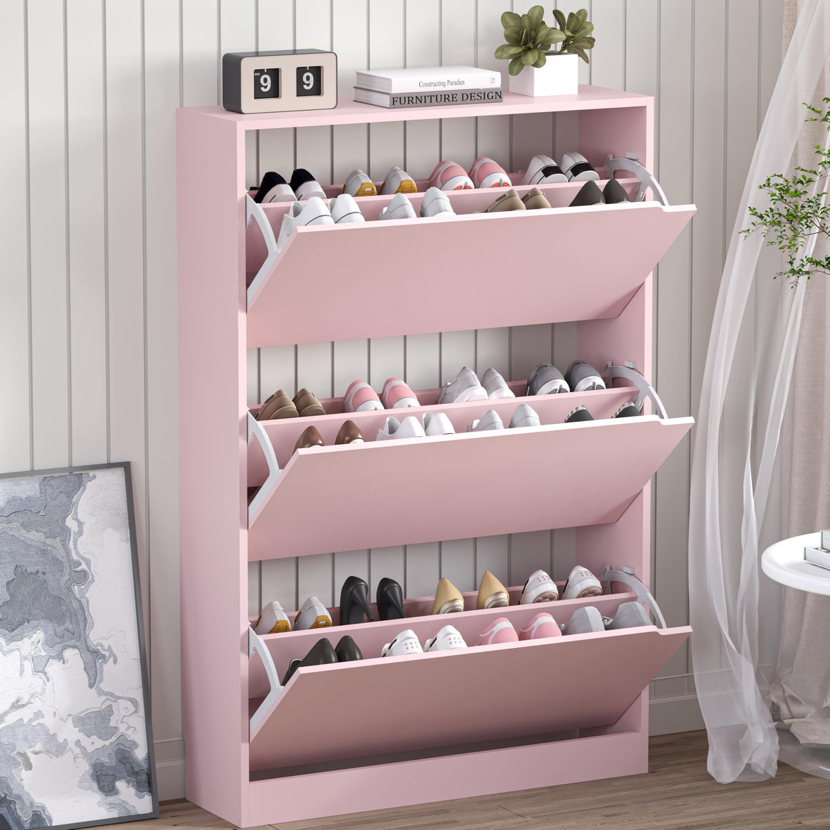 BORNOON Shoe Cabinet, Slim Narrow Shoe Storage Cabinet, Freestanding Shoe Organizer with Adjustable & Removable Shelves, Top Display Shelf for Entryway, Hallway, Foyer, Closet