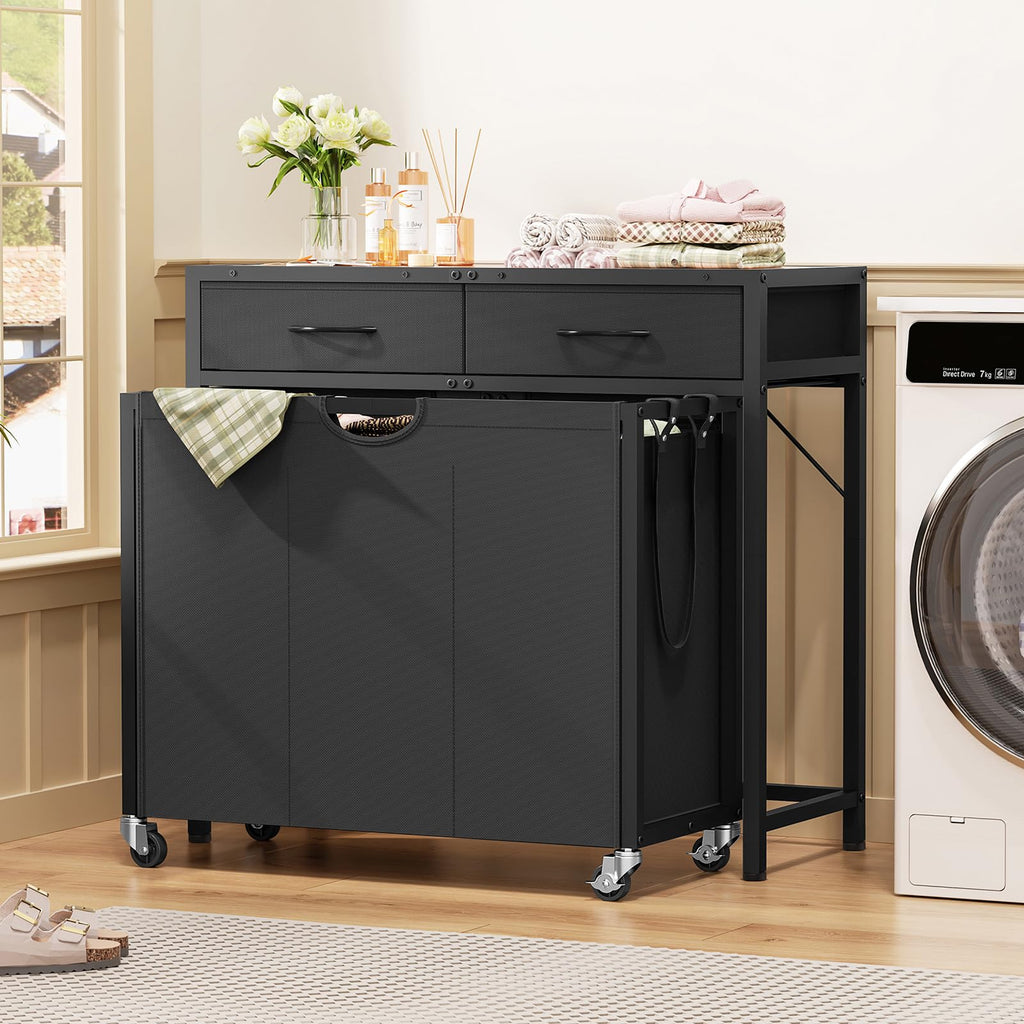 Laundry Sorter, Rolling Laundry Hamper with 3 Section Pull-Out Bags, Laundry Basket Organizer with 2 Drawers & 2-Tone Top Panel, Laundry Hamper with Wheels for Laundry Room Organization, Bathroom
