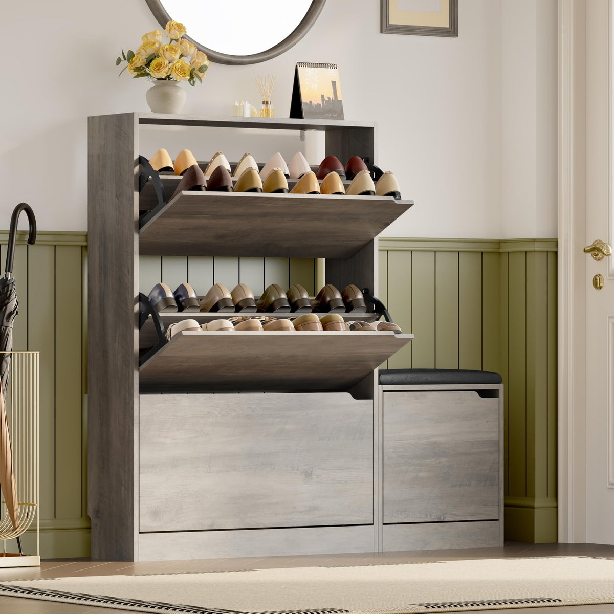 BORNOON Shoe Cabinet, Slim Narrow Shoe Storage Cabinet, Freestanding Shoe Organizer with Adjustable & Removable Shelves, Top Display Shelf for Entryway, Hallway, Foyer, Closet