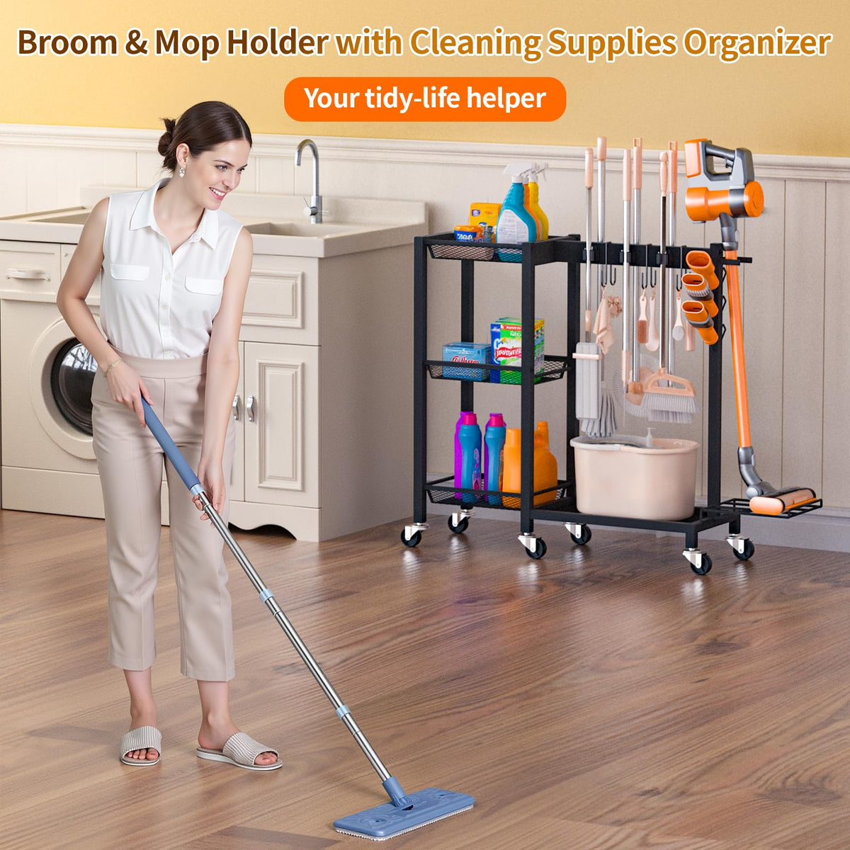 Large-Capacity Broom & Cleaning Supply Storage Organizer